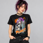 Purple Punk Anime Girl graphic T-shirt on black model