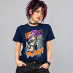 Purple Punk Girl anime graphic T-shirt shown on navy shirt mockup