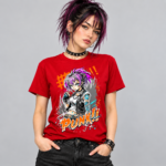Purple Punk Girl anime graphic T-shirt shown on red shirt mockup