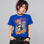 Purple Punk Girl anime graphic T-shirt shown on royal blue shirt mockup