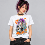 Purple Punk Girl anime graphic T-shirt shown on white shirt mockup