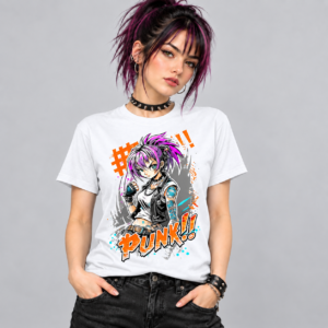 Purple Punk Girl anime graphic T-shirt shown on white shirt mockup
