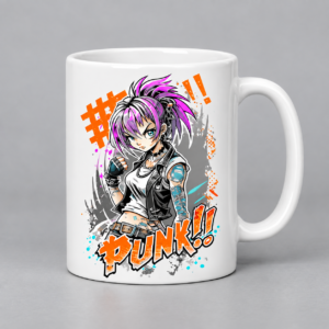 Purple punk girl anime artwork on a white custom ceramic mug