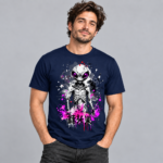 Neon Skeleton anime graphic T-shirt shown on navy shirt mockup