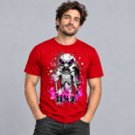 Neon Skeleton anime graphic T-shirt shown on a red model