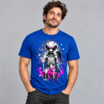Neon Skeleton anime graphic T-shirt shown on royal blue shirt mockup