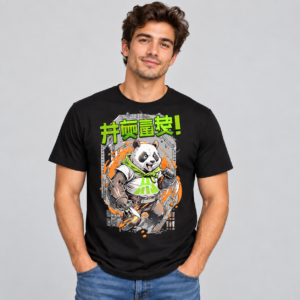 Green Streetwear Panda graphic T-shirt on black model