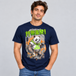 Green Streetwear Panda anime graphic T-shirt on navy shirt mockup
