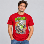 Green Streetwear Panda anime graphic T-shirt shown on a red model