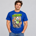 Green Streetwear Panda anime graphic T-shirt on royal blue shirt mockup
