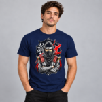 Shadow Ninja anime graphic T-shirt displayed on navy shirt mockup
