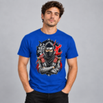 Shadow Ninja anime graphic T-shirt shown on a royal blue model