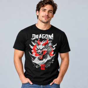 Red Dragon graphic T-shirt on black model