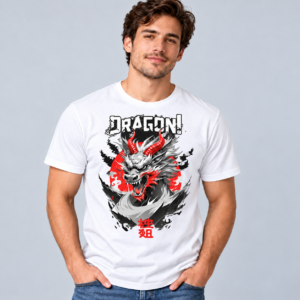 Red Dragon anime graphic T-shirt modeled in white