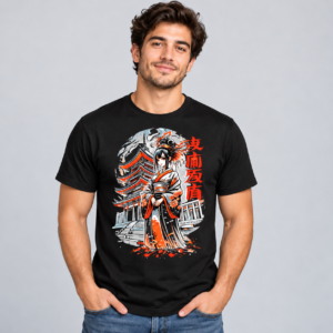 Pagoda Kimono Girl graphic T-shirt on black model