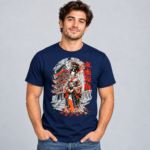 Pagoda Kimono Girl anime graphic T-shirt modeled in navy