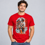 Pagoda Kimono Girl anime graphic T-shirt modeled in red
