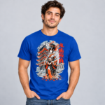 Pagoda Kimono Girl anime graphic T-shirt modeled in royal blue