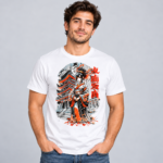 Pagoda Kimono Girl anime graphic T-shirt modeled in white