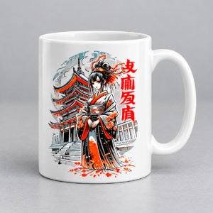 Pagoda kimono girl anime artwork on a white custom ceramic mug
