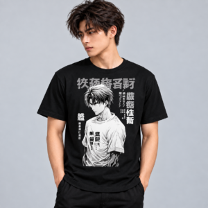 Monochrome Manga Boy graphic T-shirt on black model