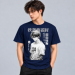 Monochrome Manga Boy anime graphic T-shirt modeled in navy