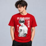 Monochrome Manga Boy anime graphic T-shirt modeled in red