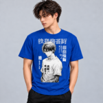 Monochrome Manga Boy anime graphic T-shirt modeled in royal blue