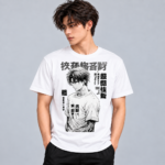 Monochrome Manga Boy anime graphic T-shirt in white, modeled front view