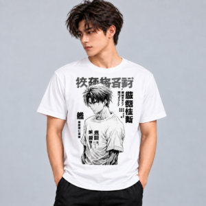 Monochrome Manga Boy anime graphic T-shirt in white, modeled front view
