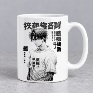 Monochrome manga boy anime artwork on a white custom ceramic mug