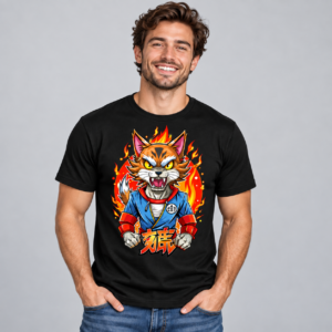Fiery Anime Cat graphic T-shirt on black model