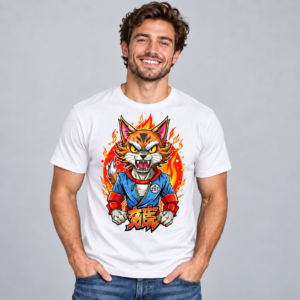 Fiery Cat anime graphic displayed on a white T-shirt