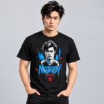 Nobody Portrait anime graphic T-shirt on black model