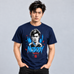 Nobody Portrait anime graphic T-shirt on navy model