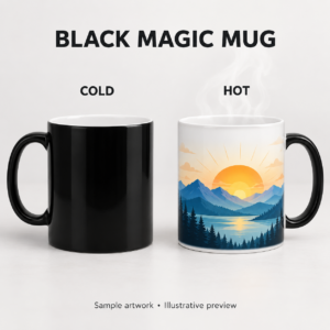 Black Magic Mug Cold Hot illustrative comparison showing heat-changing artwork