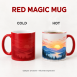 Red Magic Mug Cold Hot illustrative comparison showing heat-changing artwork