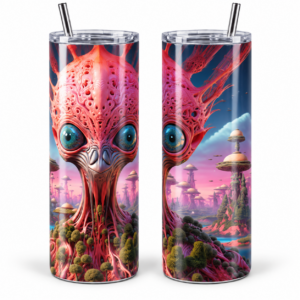 Pink Cosmic Alien 20 oz Tumbler design shown on a skinny tumbler