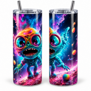 Playful Galaxy Alien Psychedelic 20 oz Tumbler artwork shown on a skinny stainless-steel tumbler