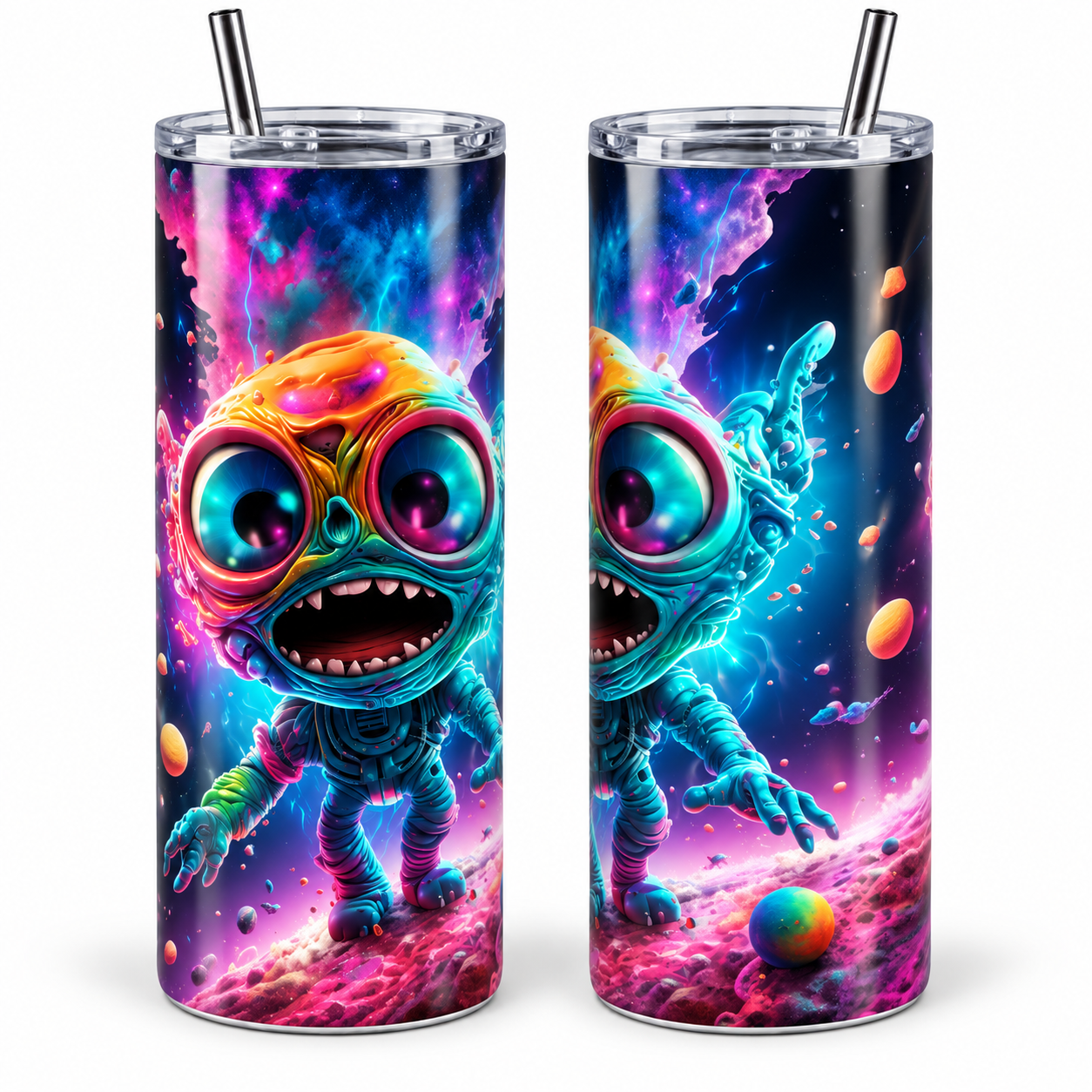 Playful Galaxy Alien Psychedelic 20 oz Tumbler Playful Galaxy Alien Psychedelic 20 oz Tumbler artwork shown on a skinny stainless-steel tumbler
