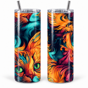 Psychedelic Flame Cats 20 oz Tumbler artwork shown on a skinny stainless-steel tumbler