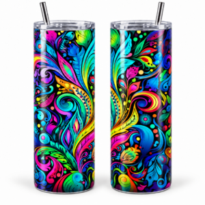 Psychedelic Floral Swirls 20 oz Tumbler artwork shown on a skinny stainless-steel tumbler