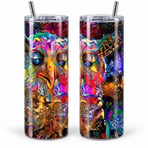 Psychedelic Forest Owl 20 oz Tumbler artwork shown on a skinny stainless-steel tumbler
