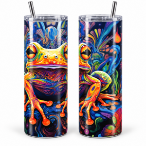 Psychedelic Garden Frog 20 oz Tumbler artwork shown on a skinny stainless-steel tumbler