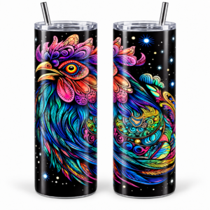Psychedelic Rooster 20 oz Tumbler artwork shown on a skinny stainless-steel tumbler