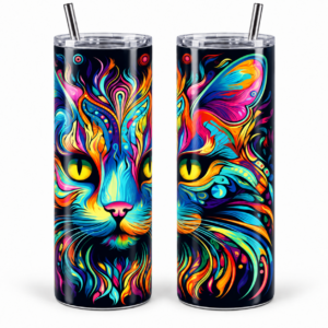 Rainbow Cat Psychedelic 20 oz Tumbler artwork shown on a skinny stainless-steel tumbler