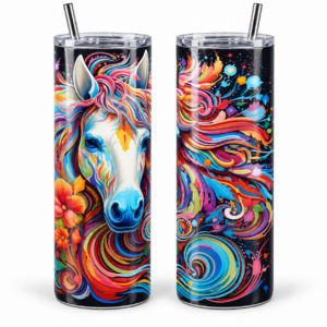 Rainbow Floral Horse Psychedelic 20 oz Tumbler artwork shown on a skinny stainless-steel tumbler