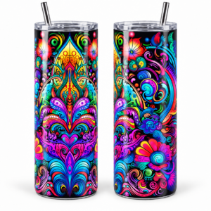 Rainbow Floral Mandala Psychedelic 20 oz Tumbler artwork shown on a skinny stainless-steel tumbler
