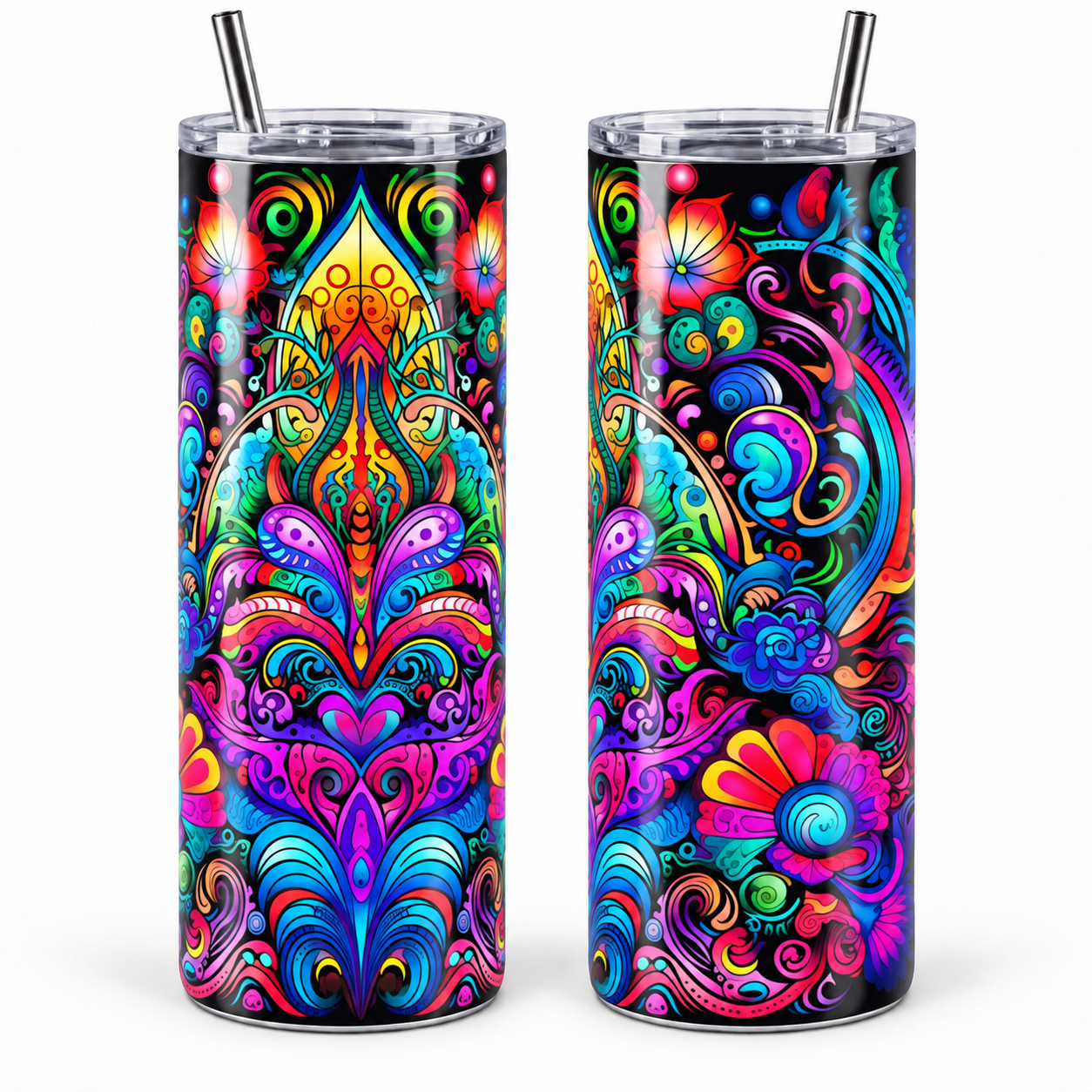 Rainbow Floral Mandala Psychedelic 20 oz Tumbler Rainbow Floral Mandala Psychedelic 20 oz Tumbler artwork shown on a skinny stainless-steel tumbler