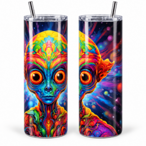 Rainbow Galaxy Alien Psychedelic 20 oz Tumbler artwork shown on a skinny stainless-steel tumbler